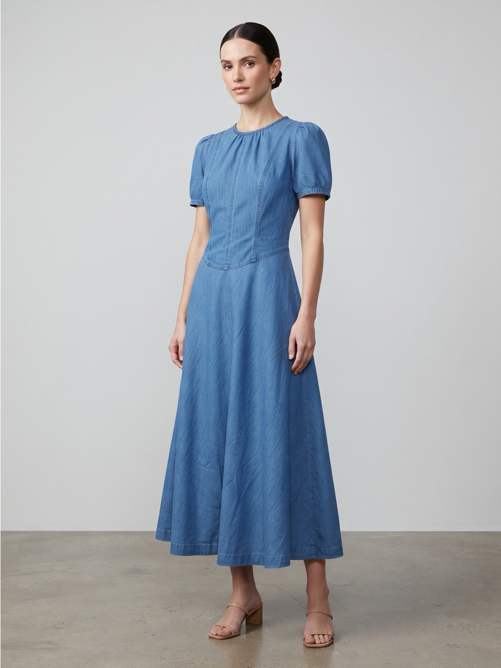 Blue Puff-Sleeve Midi Dress - Elegant Women’s Daywear